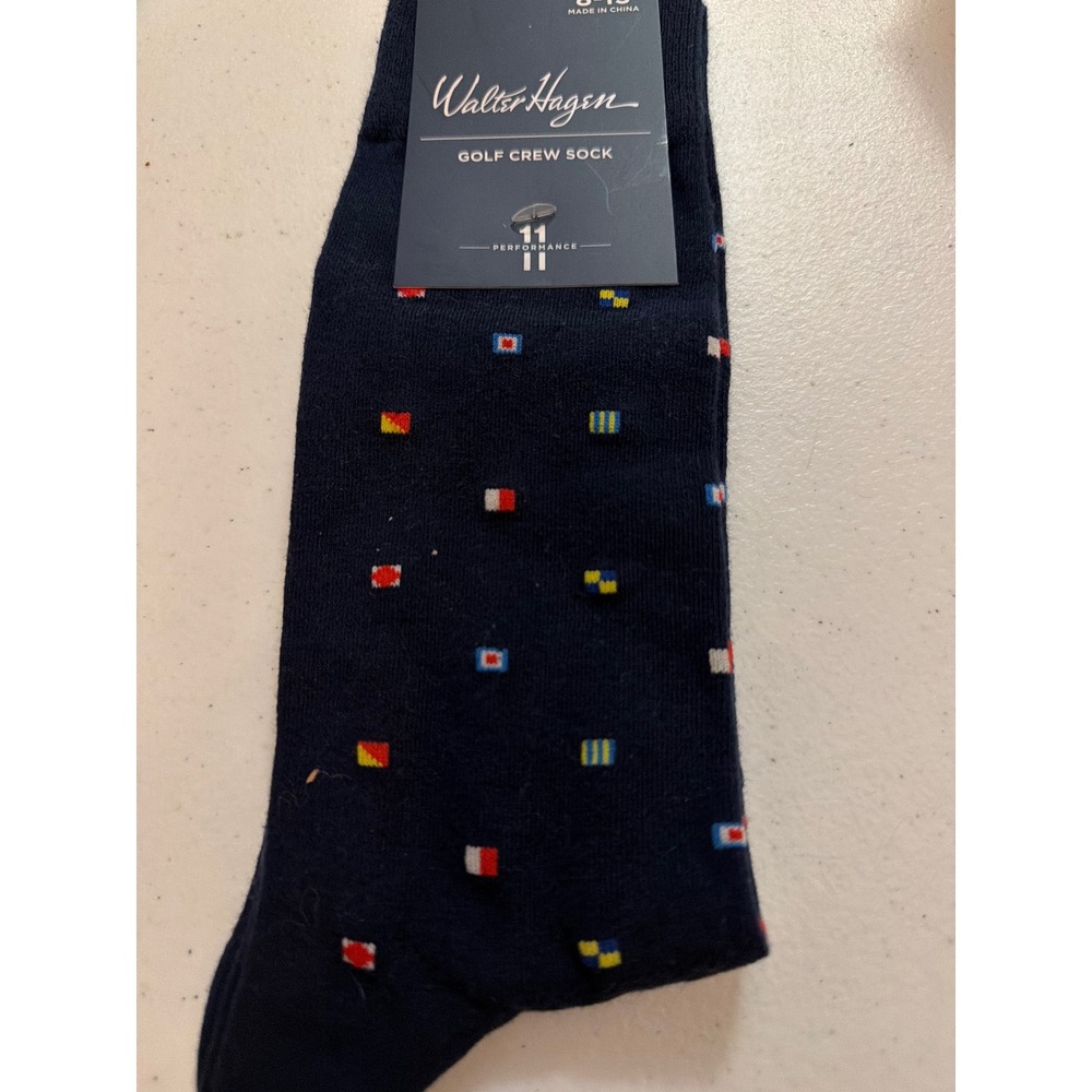 Walter‎ Hagen Mens Golf Crew Socks Navy Blue Nautical Flags Performance WHMS2503